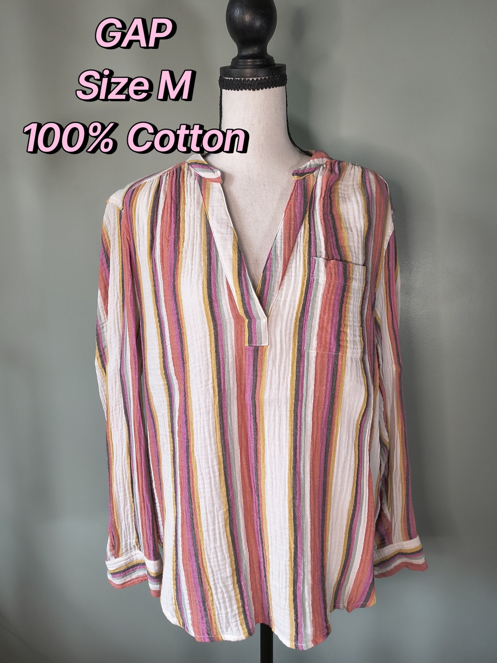 GAP Pink Multicolor Striped 100% Cotton Tunic Top Size M